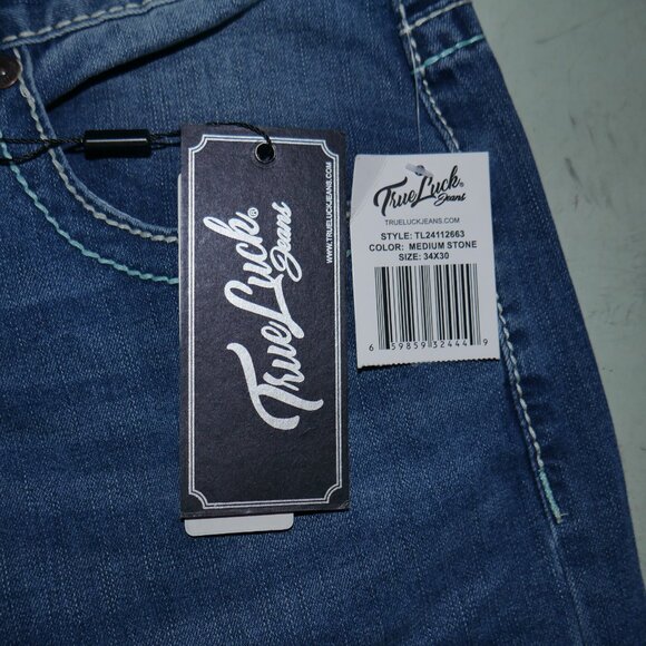 NEW True Luck Straight Leg Jeans Men's Size 34x30 Thick Stitch Embroidered BKE - Picture 9 of 10